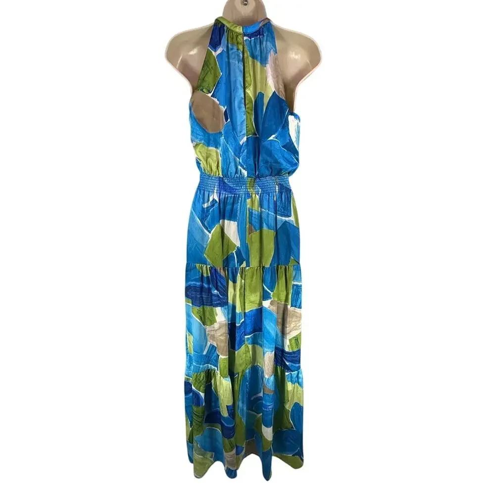 Nicole Miller small satin halter blue green watercolor maxi dress resort beachy - Picture 3 of 9